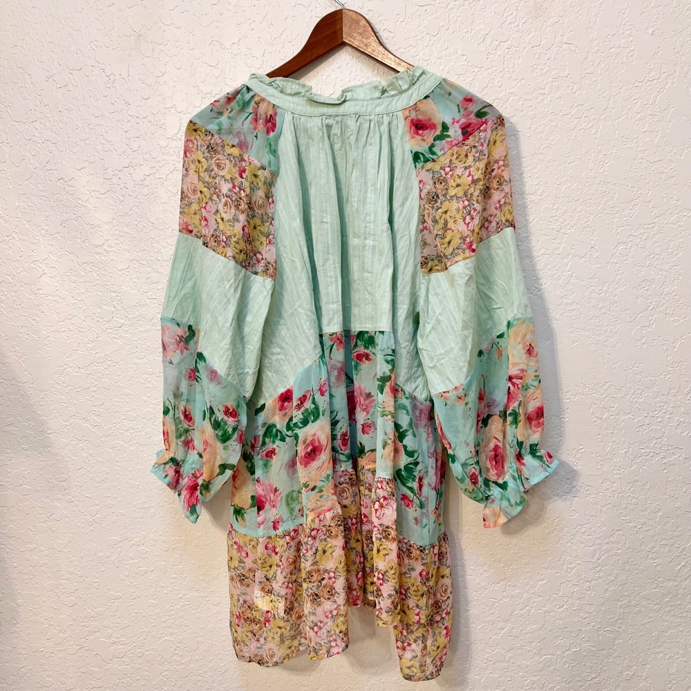 Gigio USA Floral Patchwork Tunic Top Green Boho Ruffle Blouse Medium Sheer - Picture 8 of 8